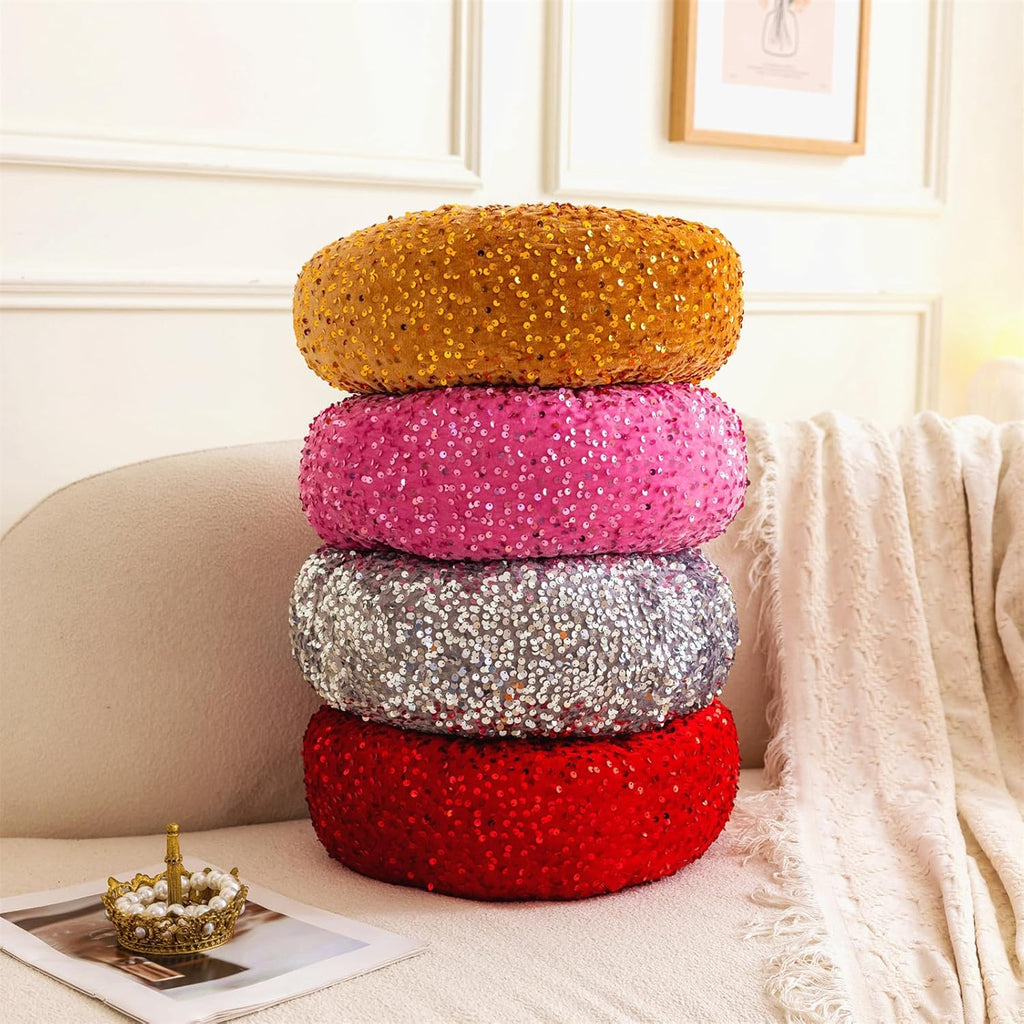 Round Throw Pillow, 13.7" Soft Glitter Sequin Pleated Pumpkin Decorative Round Pillow Circle Floor Pillow Cushions for Sofa Bed Chair Living Room Floor Home Decoration, Silver