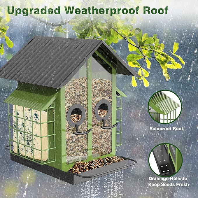 Bird Feeders for Outdoors, Metal Bird Feeder with Double Suet Cage Weatherproof Metal Roof, 2 in 1 Mixed Seeds Suet Feeder, 4Lbs Large Capacity, Great for Finch、Cardinal、Chickadee（Green）