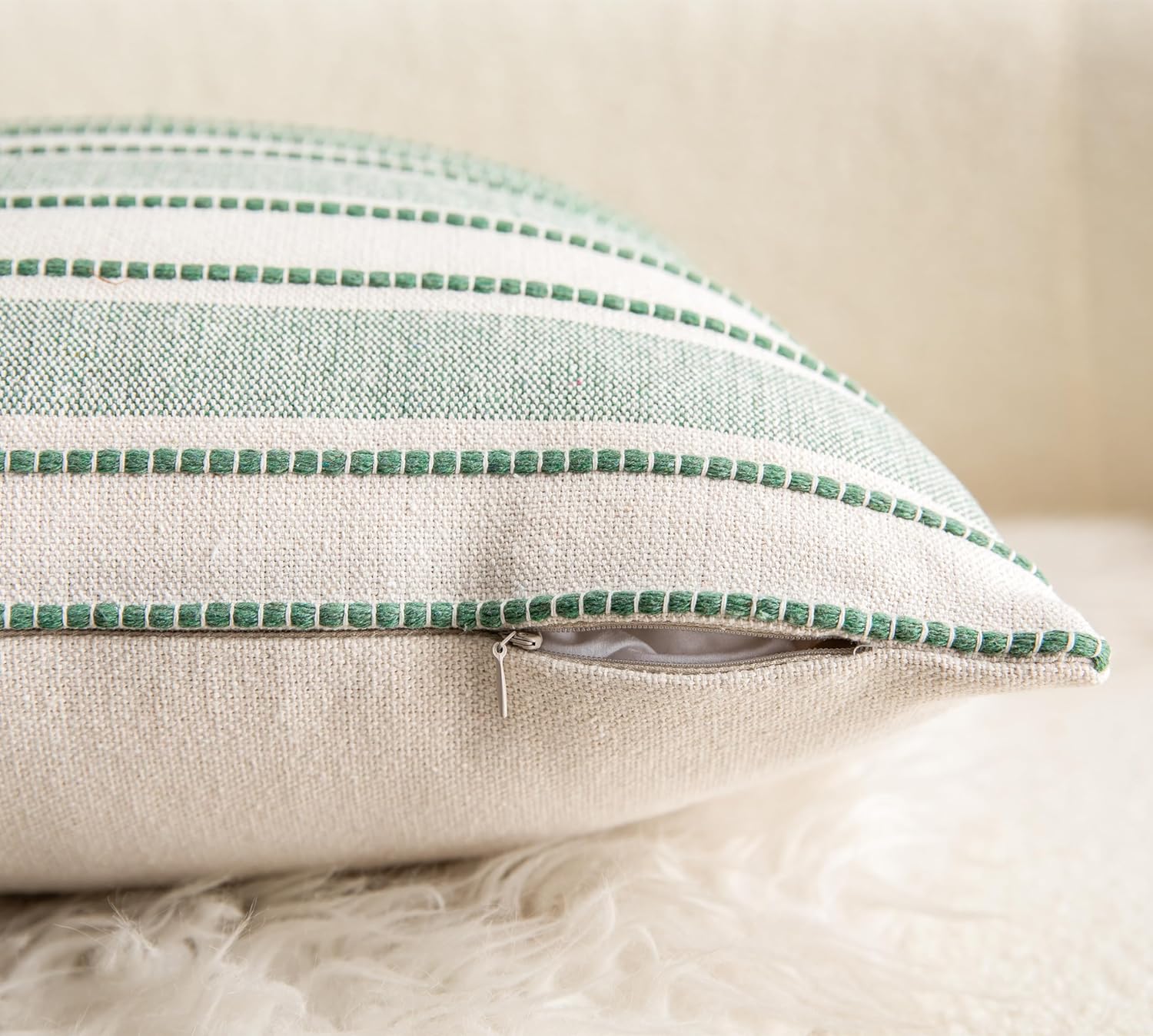 Decorative Boho Throw Pillow Covers, Farmhouse Textured Pillow Case, 18 x 18 Inch Set of 2, Chair Sofa Bedroom Living Room Home Decor Couch Cushion Case, Green and Beige Striped