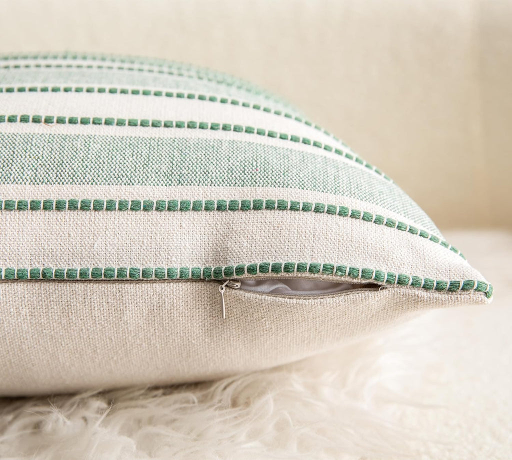 Decorative Boho Throw Pillow Covers, Farmhouse Textured Pillow Case, 22 x 22 Inch Set of 2, Chair Sofa Bedroom Living Room Home Decor Couch Cushion Case, Green and Beige Striped