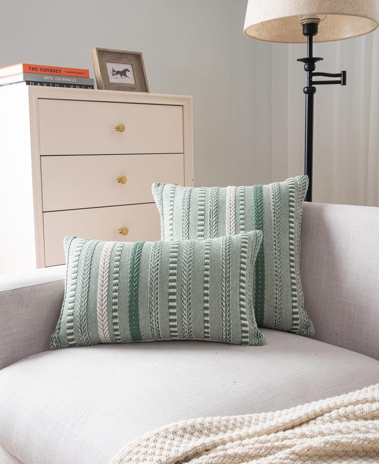 Boho Throw Pillow Covers 12x20 Inch Set of 2, Farmhouse Decorative Couch Pillow Cases, Light Green Accent Pillows of Bed, Sofa Bedroom Living Room Home Decor Cushion Cover