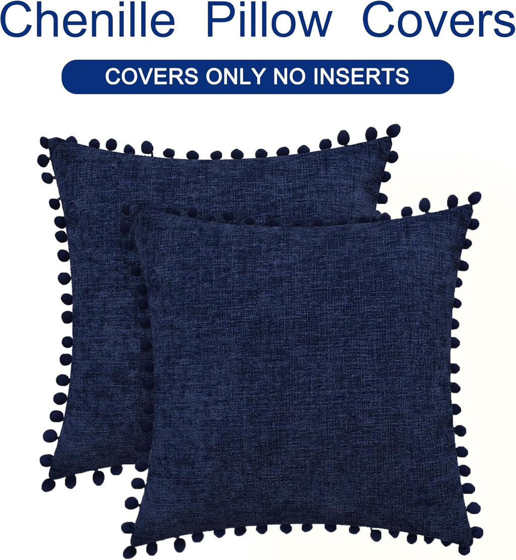 CaliTime Throw Pillow Covers Decorative 22 X 22 Inches Pack of 2 Cozy Solid Dyed Soft Chenille Cushion Cases with Pom Poms for Couch Sofa Bed Living Room Home Navy Blue