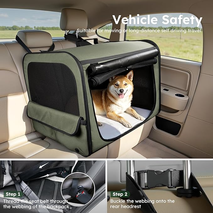 Large Dog Car Carrier Light Weight, 27×20.5×20.5ins Dog Carrier for Cars, Portable Dog Car Crate with Breathable Windows, Stable Pet Carrier for Both Indoor and Outdoor Use, Pet Travel Crate Green