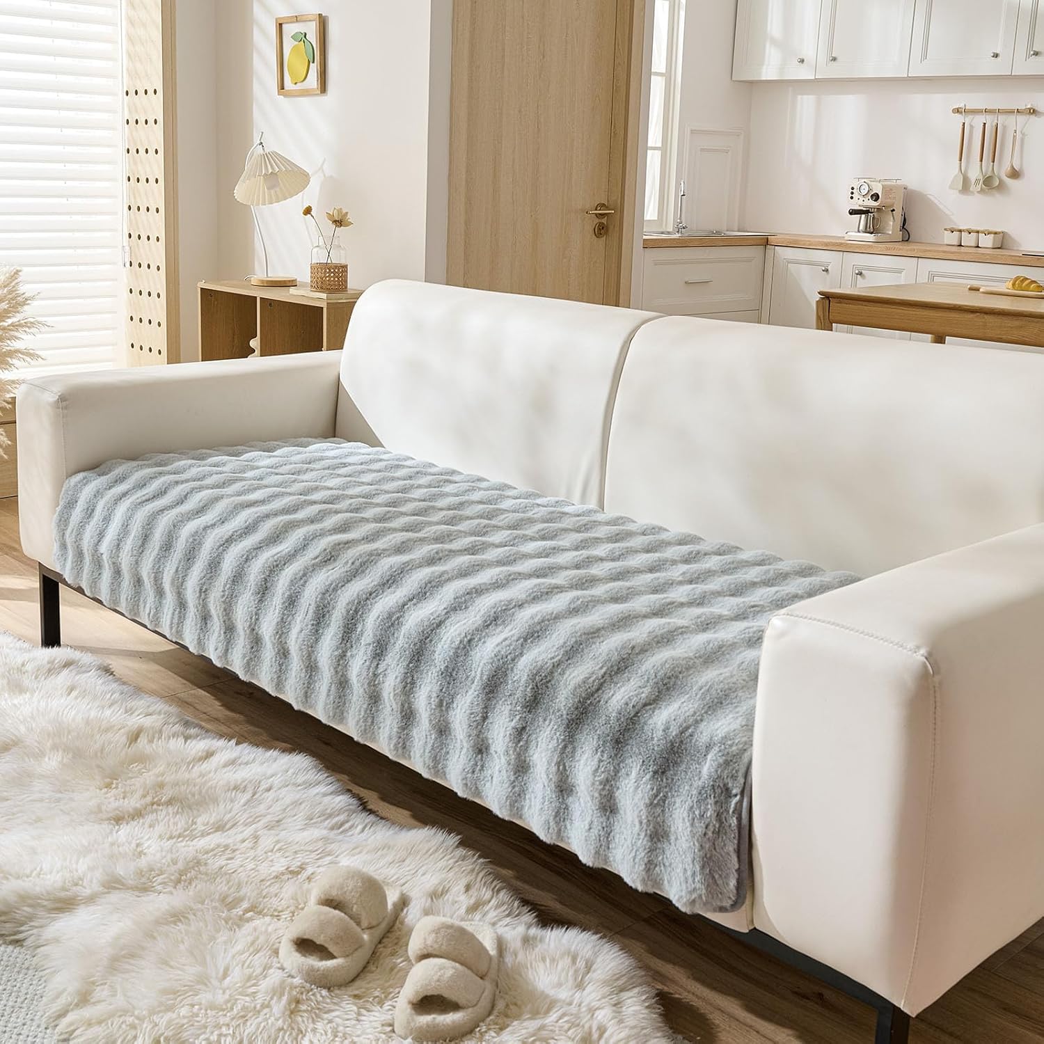 Faux Fur Couch Cover Fuzzy Soft Plush Thick Bubble Sofa Cover Luxury Sectional Couch Covers Luxury Anti-Slip Sofa Slipcover Washable Furniture Protector (Light Grey,36"x82")