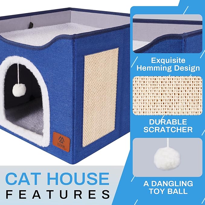 Cat Beds for Indoor Cats, Cat House Cat Cave Beds with Scratch Pad, Foldable Cat Condo Hut with Hanging Ball, Covered Cat Tent for Hideaway, Cute Cat Tunnel Bed for Small Pet Kitten Kitty(Blue)