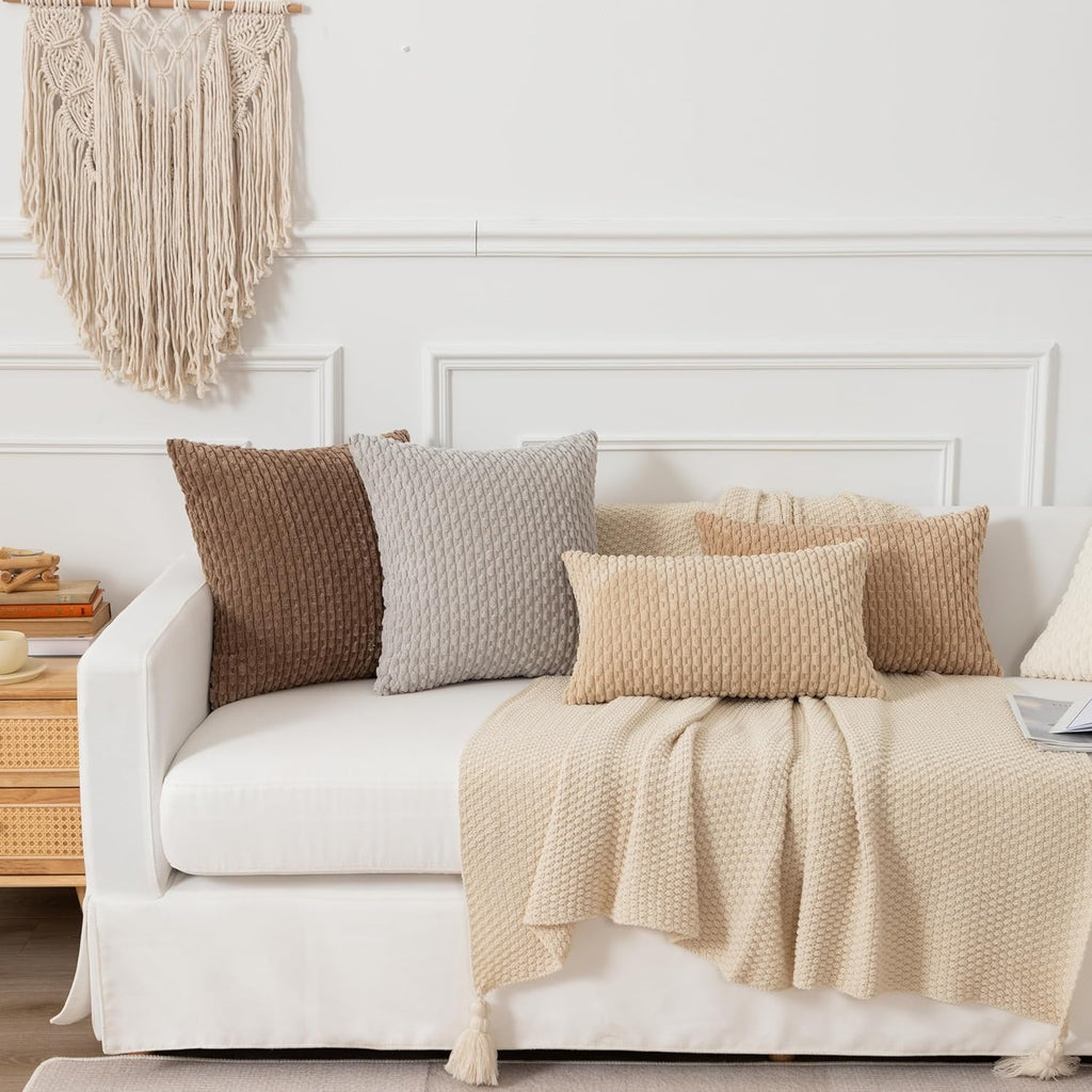 Kevin Textile 12x20 Inch Pillow Cover 1 Pack Boho Decorative Soft Striped Corduroy Lumbar Farmhouse Solid Color Accent Rectangle Cushion Case for Living Room Couch Sofa Bed, Beige