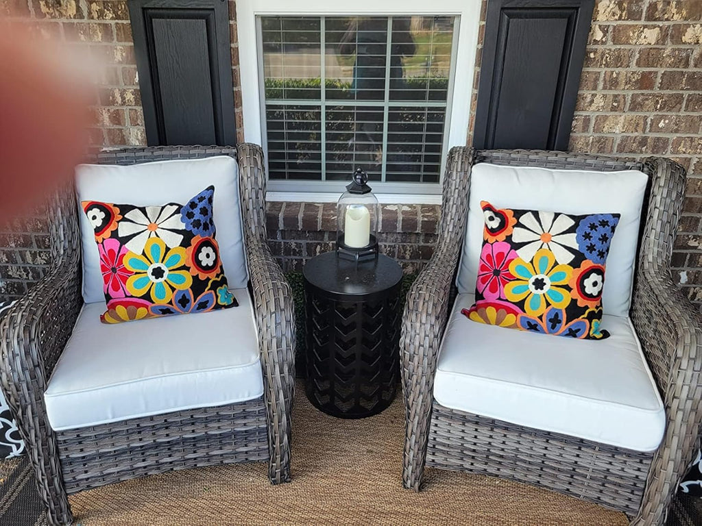 Modern Black Daisy Floral Pillow Cover Accent Flower Traditional Pillowcase Hand Embroidered Florals Couch Pillowsham Boho Outdoor Cushion Suzani Accent Pillow Wool 18x18 Inch