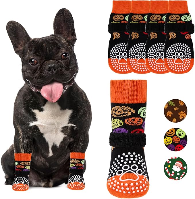 KOOLTAIL Anti Slip Halloween Dog Socks to Prevent Licking Paws, Dog Costume Boots&Paw Protector with Grippers for Hardwood Floors, Traction Control No Twist Booties for Small Medium Large Dogs, M