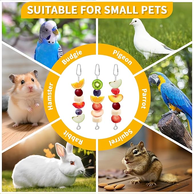 3 Pcs Bird Food Holder for Cage, Parrot Food Treat Skewer Hanging Fruit Vegetable, Stainless Steel Bird Foraging Toy for Cockatiel Parakeet Budgie Macaw Small Animals Feeder -Silvery, 3 Pcs