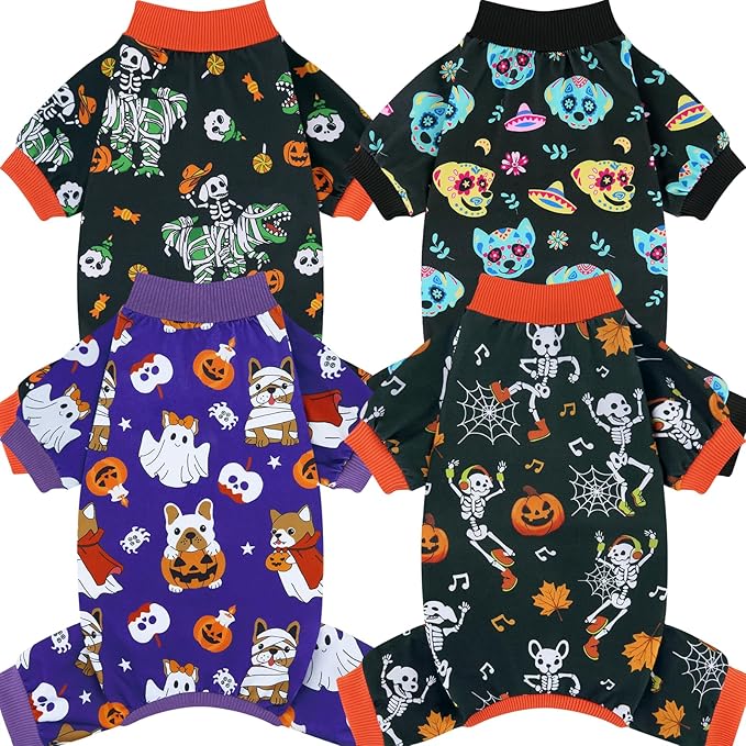 XPUDAC 4 Pack Halloween Dog Clothes Strechy Cute Puppy Pajamas for Small Medium Dogs Boy Girl Skeleton Ghost Pjs Bodysuit for Doggie Onesies, 2XL