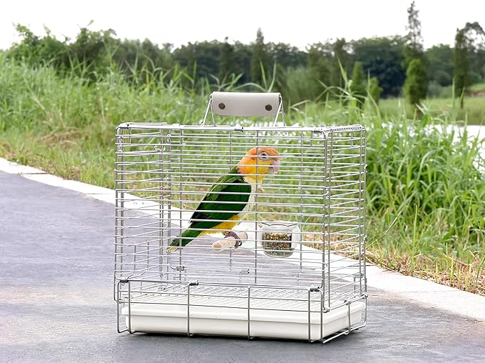 Bird Carrier Travel Cage - 304 Stainless Steel Portable Folding Bird Travel Cage with Parrot Feeder Cups & Standing Perch for Smaller Birds Conures Lovebird Cockatiel Parakeets (White)