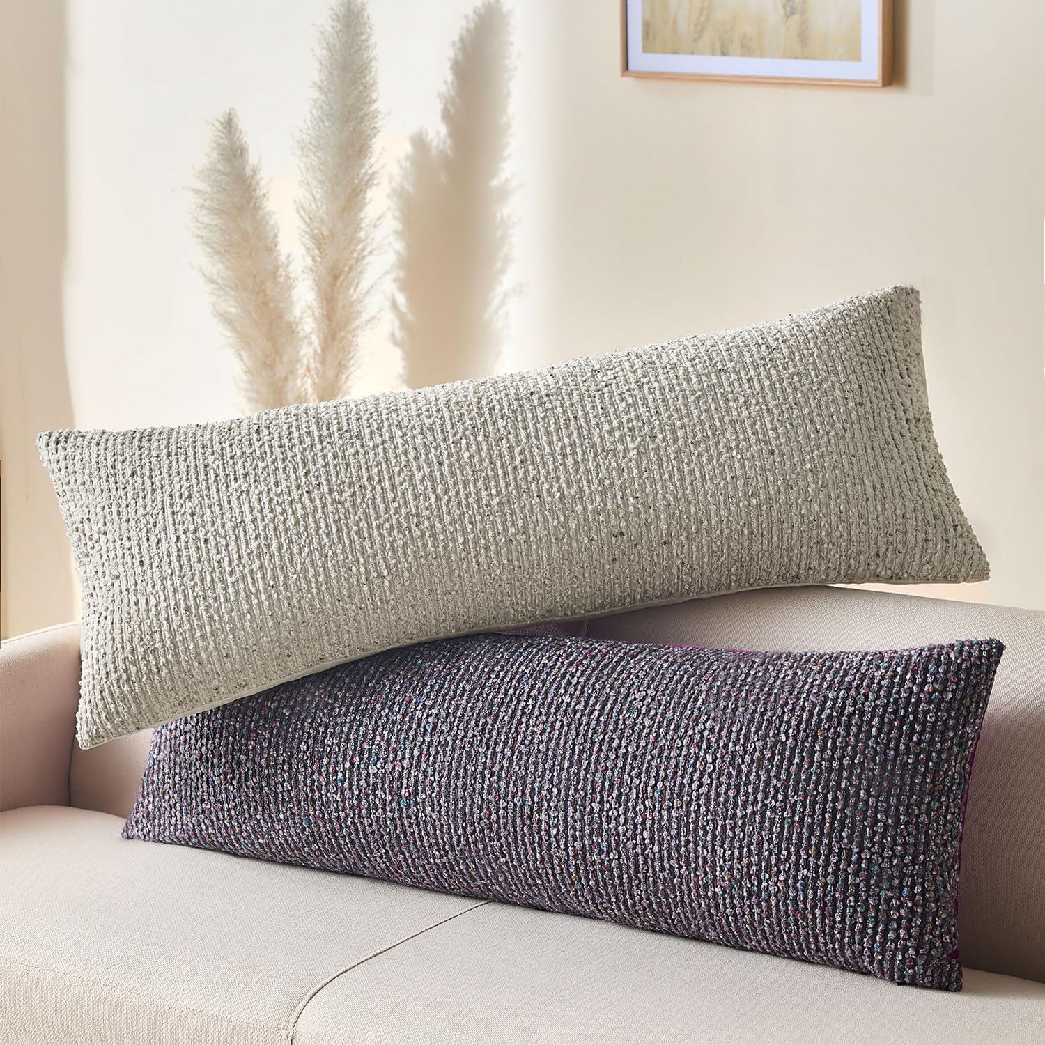 Decorative Lumbar Pillow Cover 14x36 Cream Gray Striped Wool Long Body Pillow Neutral Textured Boho Lumbar Throw Pillow Cushion Covers for Modern Farmhouse Sofa Bed Living Room Decor SY011-B14