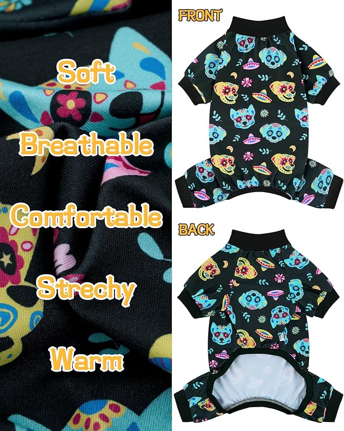 XPUDAC 4 Pack Halloween Dog Clothes Strechy Cute Puppy Pajamas for Small Medium Dogs Boy Girl Skeleton Ghost Pjs Bodysuit for Doggie Onesies, M