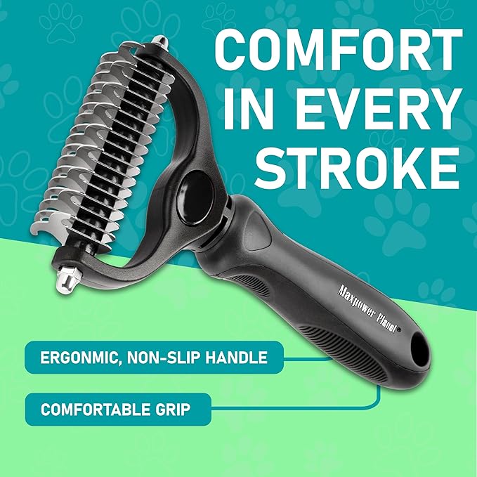 Maxpower Planet Hair Brush - Double Sided Shedding, Dematting Undercoat Rake for Dogs and Cats, Extra Wide Dog Grooming Brush, Reduce Shedding by 95%, Black
