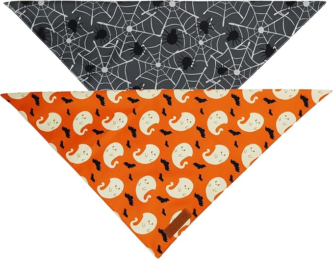 Realeaf Halloween Dog Bandanas 2 Pack, Reversible Orange Gray Pet Scarf for Boy and Girl, Premium Durable Fabric, Holiday Bandana for Small Medium Large and Extra Large Dogs (Halloween, X-Large)