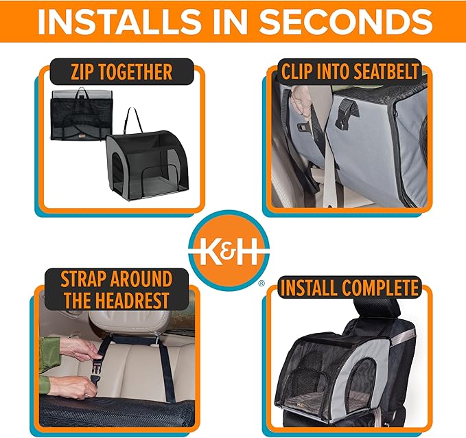 K&H Pet Products Enclosed Dog Cat Car Seat, Travel Safety Carrier for Pets, Dog Travel Car Seat, Soft-Sided Covered Cat Carrier, Washable Pad, Multiple Entrances, Mesh Windows - Small 17 X 16 X 15in