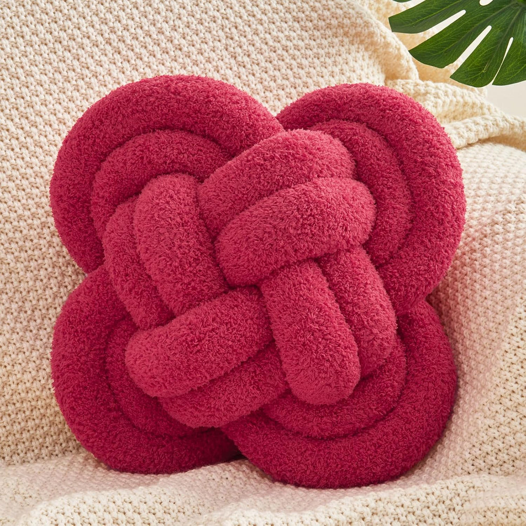 Xiashrk Knot Pillow Ball, 12" Soft Decorative Throw Pillows for Couch Bed, Wine Red Knotted Plush Throw Pillow Handmade Square Cushion Home Couch Decor Pillows for Living Room
