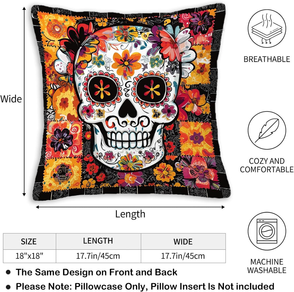Throw Pillow Covers 18x18 Set of 2, Sugar Skull Cushion Covers, Decorative Square Pillowcases for Couch, Bedroom, Living Room