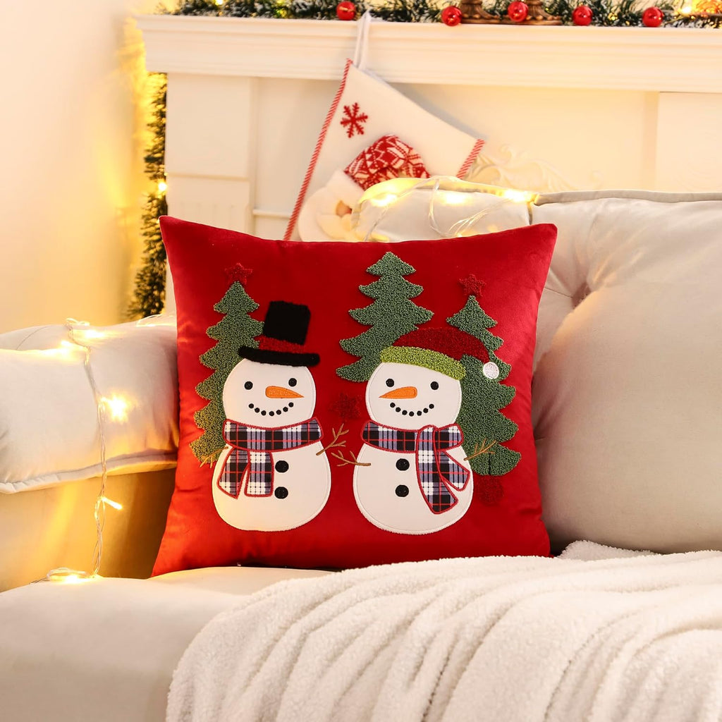 LUOYEHK Red Christmas Pillow Covers 18x18 Set of 2 Cute Snowmen Embroidered Pillow Cases Winter Holiday Velvet Cushion Covers for Couch Sofa Bed