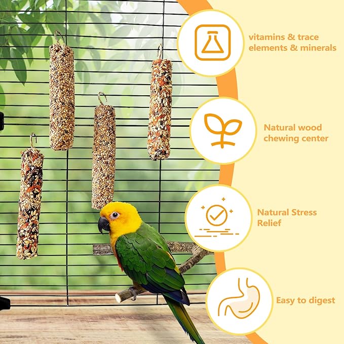 4PCS Parakeet Treat,Natural Parrots Treat Sticks,Vegetable & Grain Style Sticks,Bird Treats for Cockatiel Lovebirds Budgies Myna Canary Finches Conure