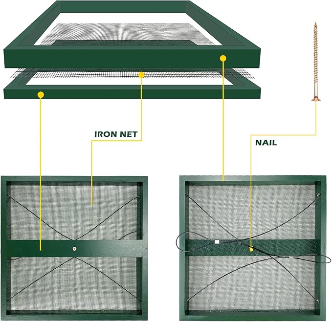 MIXXIDEA Bird Feeder Hanging Tray, Bird Feeders for Outdoors, Wooden Seed Tray Platform Mesh Seed Platform for Garden Yard Outside Decoration Attracting for Wild Birds (Green-1pk)