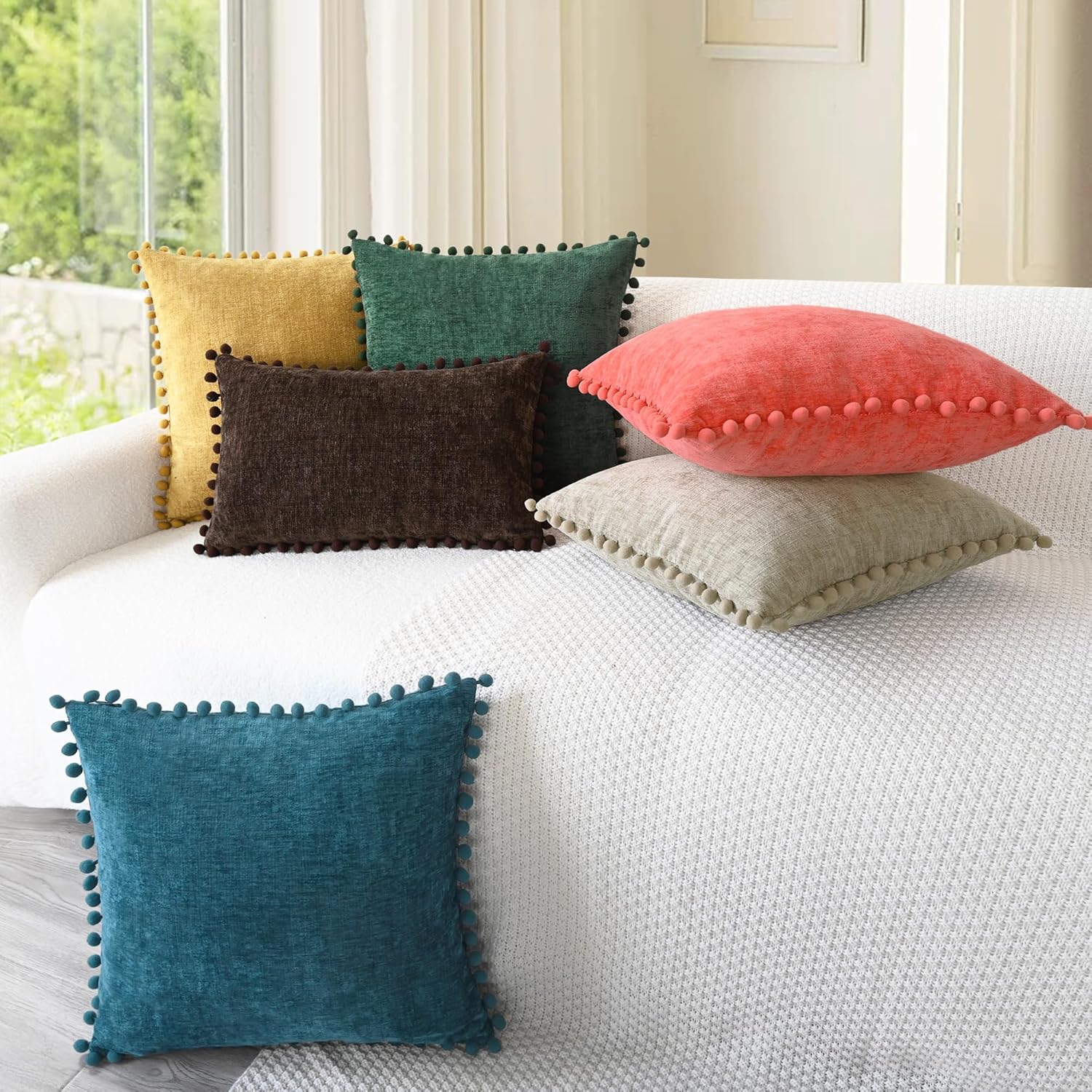 CaliTime Throw Pillow Covers Decorative 22 X 22 Inches Pack of 2 Cozy Solid Dyed Soft Chenille Cushion Cases with Pom Poms for Couch Sofa Bed Living Room Home Gold