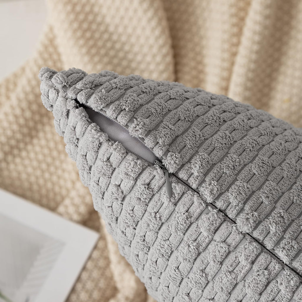 Kevin Textile 12x24 Inch Pillow Cover 1 Pack Boho Decorative Soft Striped Corduroy Lumbar Farmhouse Solid Color Accent Rectangle Cushion Case for Living Room Couch Sofa Bed, Light Grey