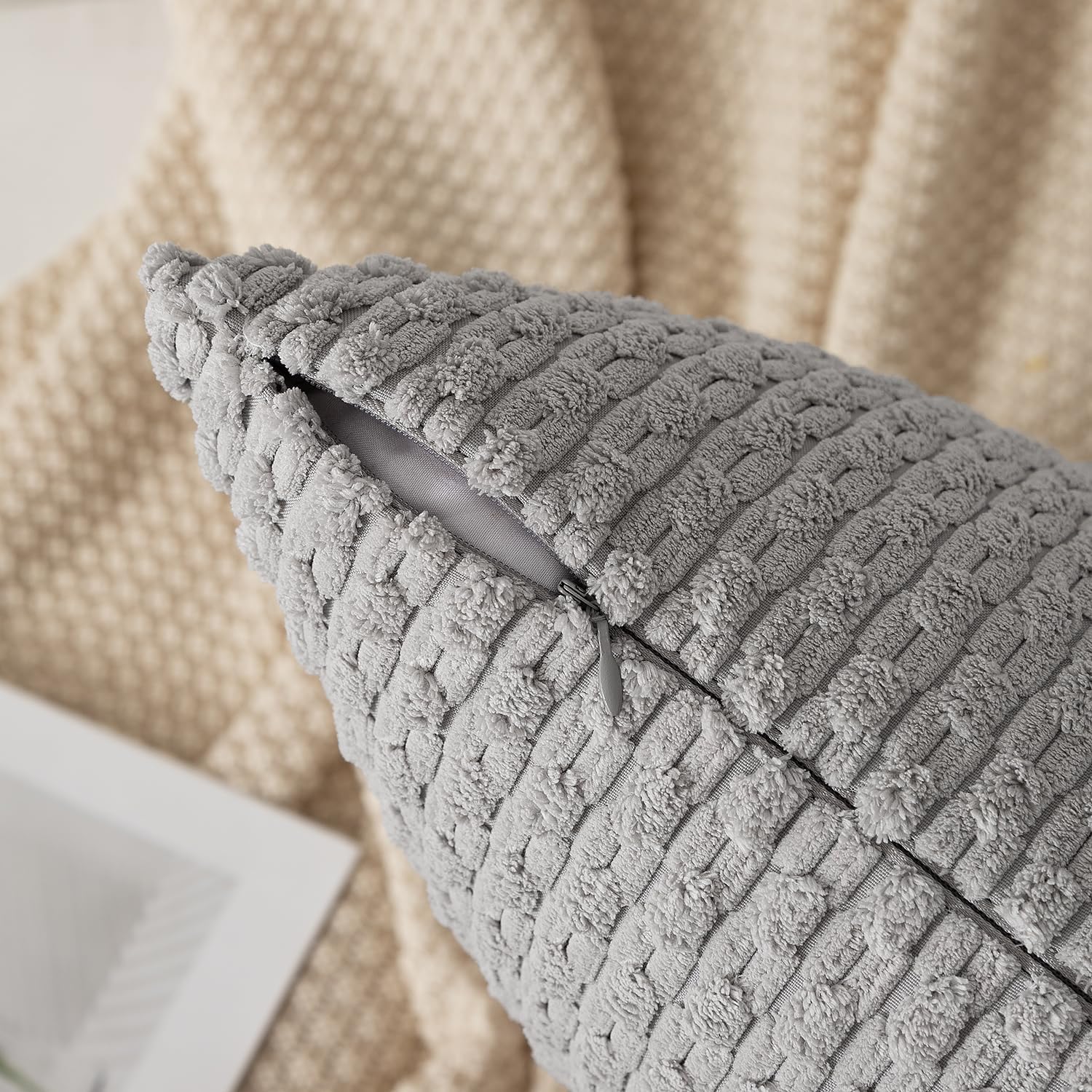 Kevin Textile 14x24 Inch Pillow Cover 1 Pack Boho Decorative Soft Striped Corduroy Lumbar Farmhouse Solid Color Accent Rectangle Cushion Case for Living Room Couch Sofa Bed, Light Grey