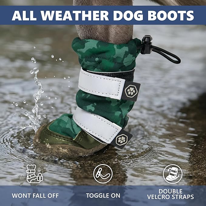 Spark Paws Dog Shoes, Waterproof Dog Boots for Medium to Large Dogs, Non Slip, Breathable Dog Booties and Paw Protectors - 4PCS Doggie Hiking Boots with Reflective Straps, Green Camo, Size 5
