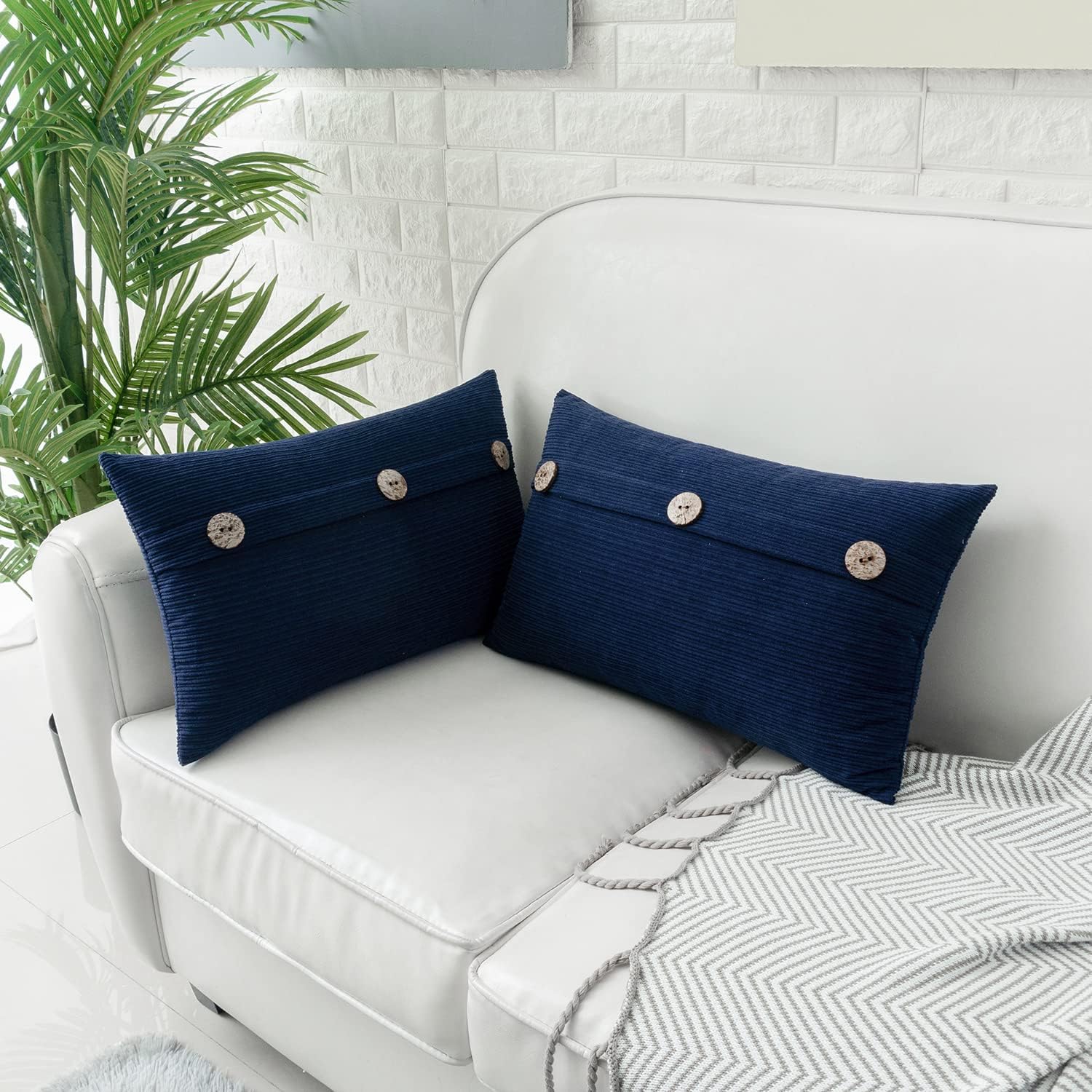 HWY 50 Navy Blue Decorative Rectangle Throw Pillow Covers Set Cushion Cases with Triple Buttons 12x20 Inch, Chenille Soft Farmhouse Accent Pillowcase for Couch Sofa Bed Pack of 2