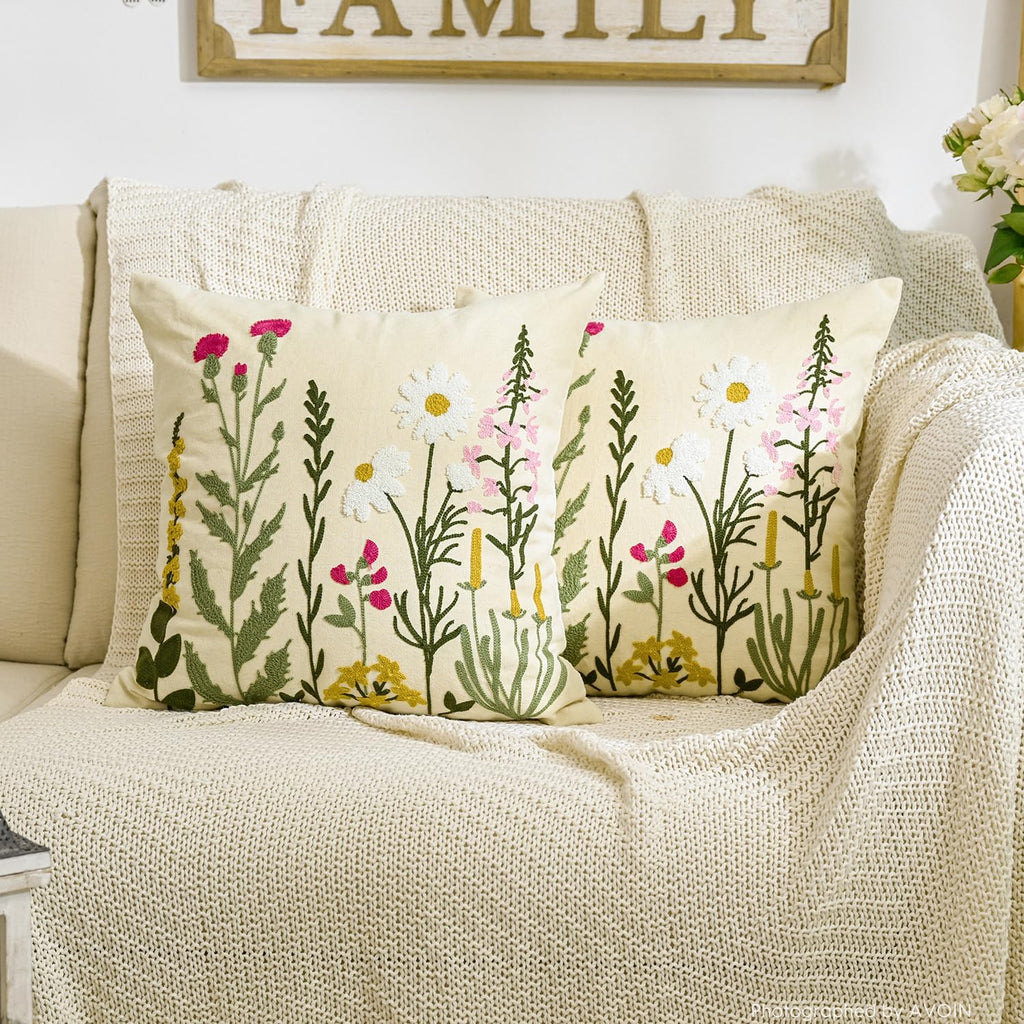 AVOIN colorlife Holiday Floral Embroidered Decorative Throw Pillow Covers Set of 2, 18 x 18 Inch Daisy Colorful Flowers Tufted Patterned Linen Cushion Cases for Bedroom Living Room Sofa Couch
