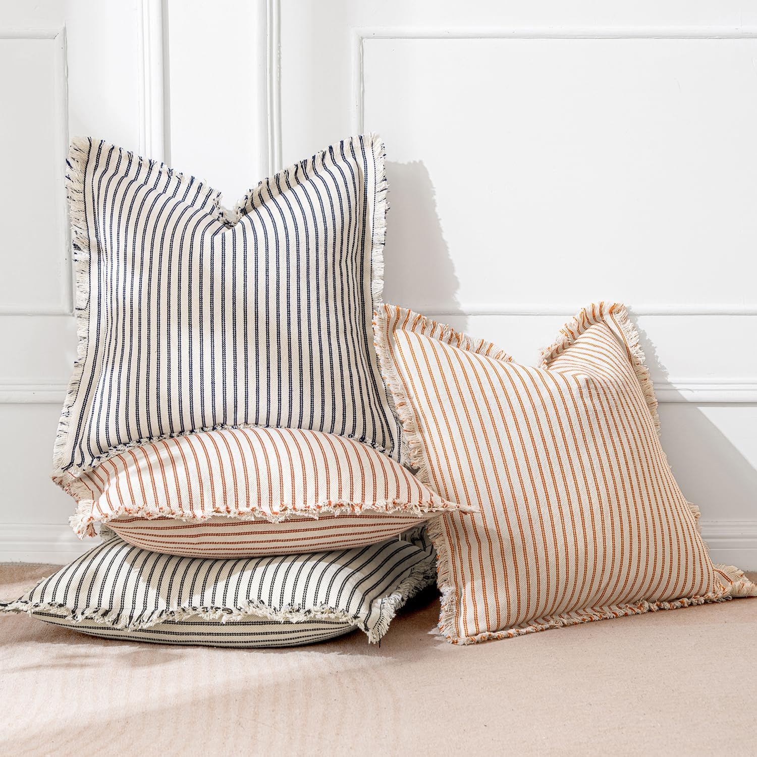 MIULEE Pack of 2 Navy Blue Pillow Covers 18x18 Inch Striped Farmhouse Couch Throw Pillow Covers with Fringe Chic Linen Decorative Cushion Covers for Sofa Living Room Bed Outdoor Home Decor