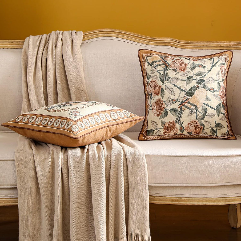 patdrea Designer Vintage Floral Throw Pillow Covers for Couch Set of 2,Brown Linen Pillowcases with Bird and Rose Pattern Decorative Square Cushion for Bed Living Room Outdoor Cafe Car,18"x18"