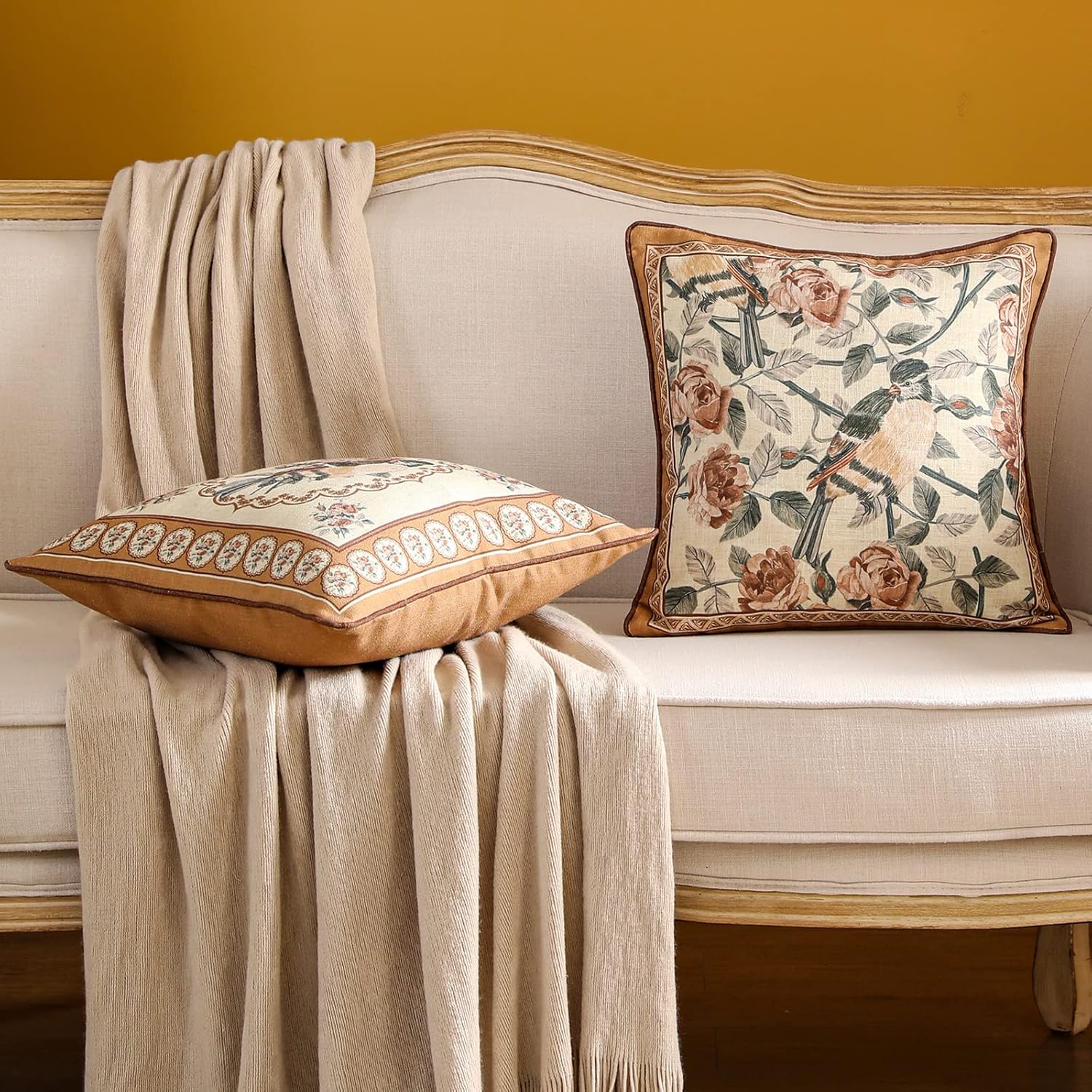 patdrea Designer Vintage Floral Throw Pillow Covers for Couch Set of 2,Brown Linen Pillowcases with Bird and Rose Pattern Decorative Square Cushion for Bed Living Room Outdoor Cafe Car,18"x18"