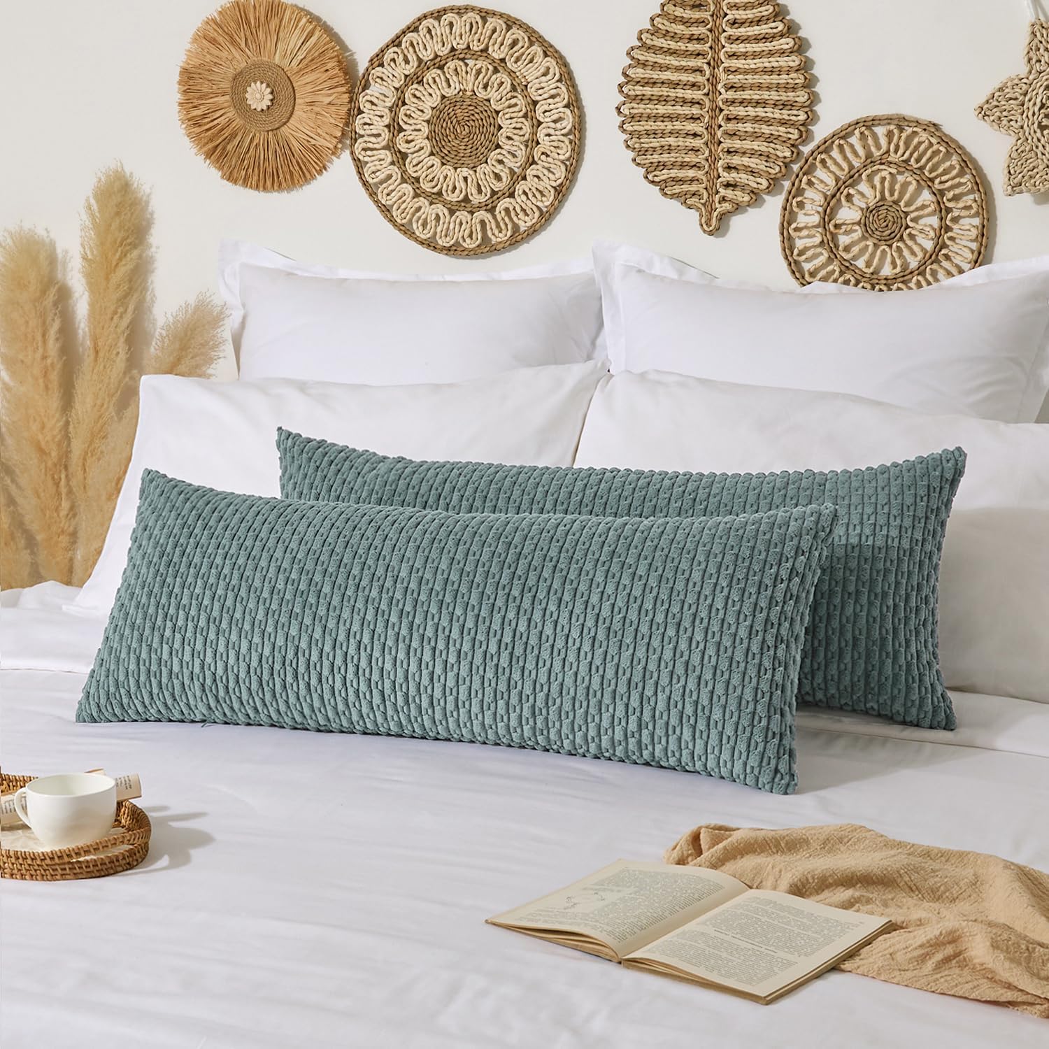 Kevin Textile 20x54 Inch Long Body Lumbar 1 Pack Boho Decorative Throw Pillow Cover Soft Striped Corduroy Rectangle Cushion Case Farmhouse Accent for Living Room Couch Sofa Bed, Teal Green