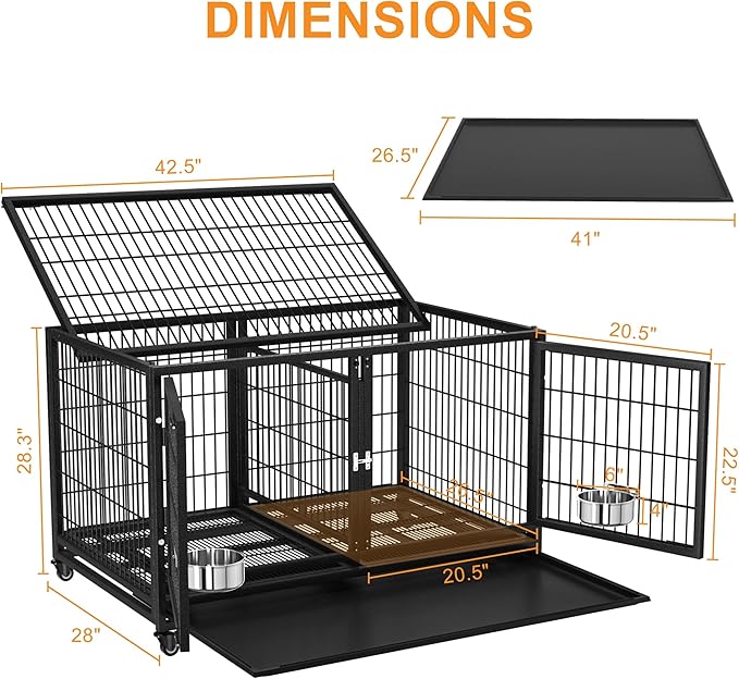 48/43 inch Heavy Duty Dog Crate with Divider for Large Dogs, Stackable Dog Kennels and Metal Wire Cages with Feeding Bowls, Leak-Proof Pans, Removable Wire Trays, Extra Large XL XXL