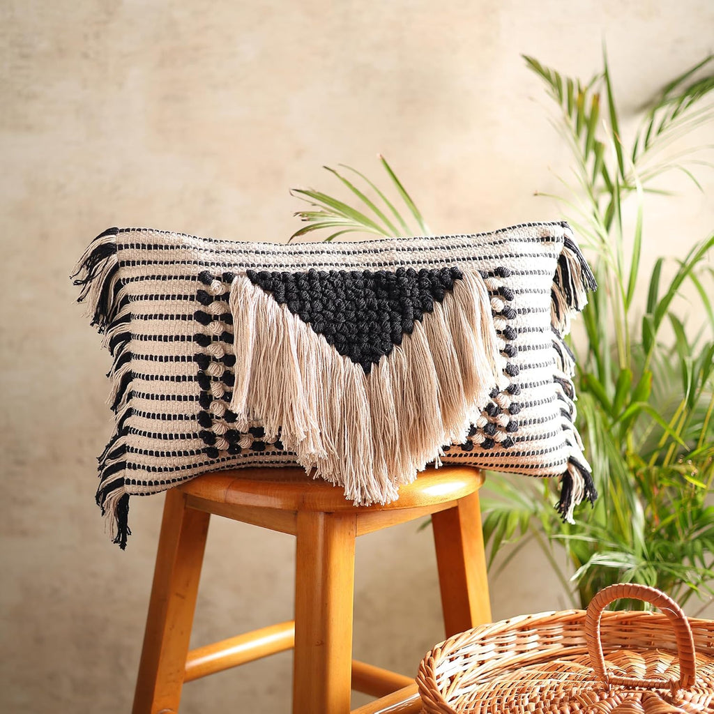 Decorative Boho-Chic Pillow Cover Handwoven Tufted Cotton Accent Pillows, Neutral Throw Cushion for Couch, Sofa or Bed, Farmhouse & Bohemian Home Decor, Trendy USA Design (Black Lumbar 12x20)