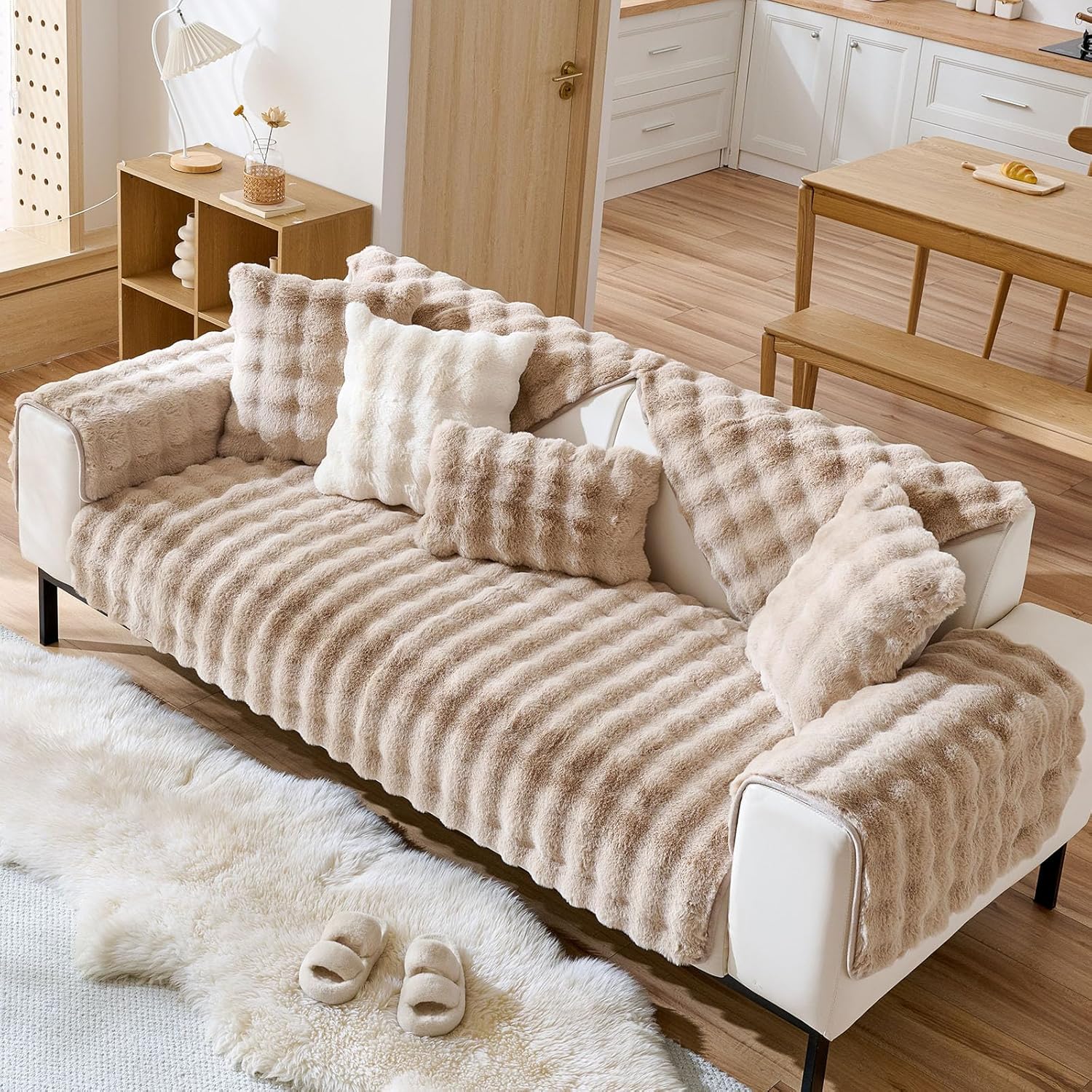 Faux Fur Couch Cover Fuzzy Soft Plush Thick Bubble Sofa Cover Luxury Sectional Couch Covers Luxury Anti-Slip Sofa Slipcover Washable Furniture Protector (Khaki,28"x59")