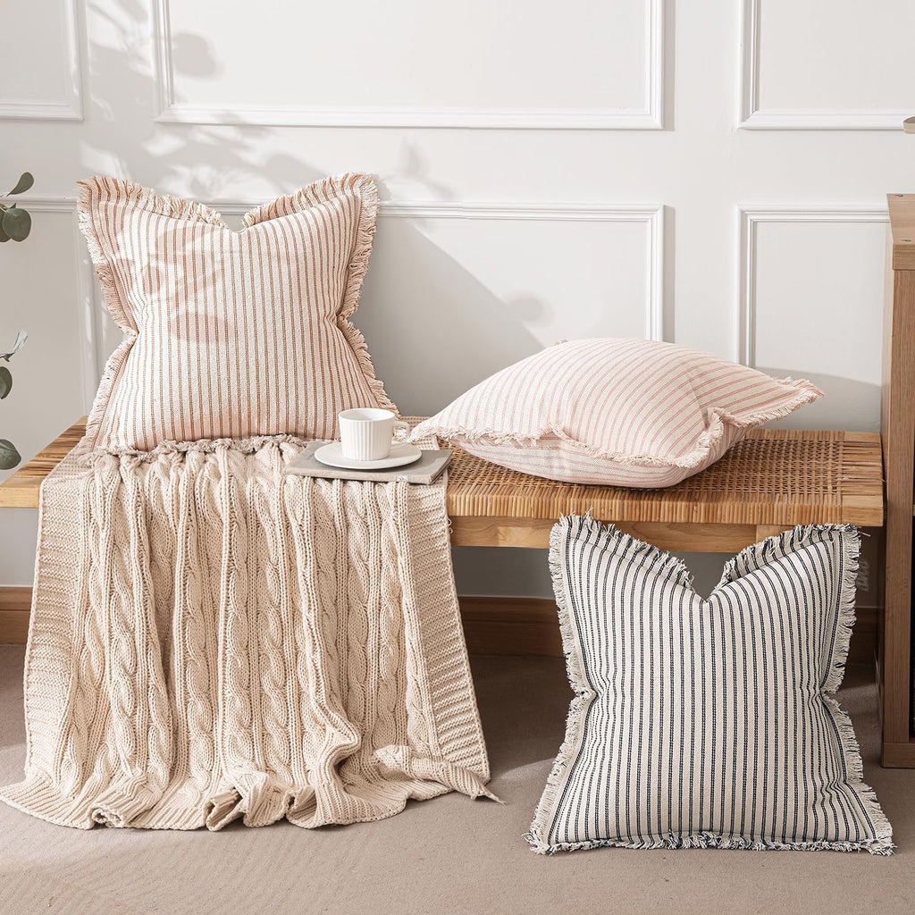 MIULEE Pack of 2 Pink Pillow Covers 24x24 Inch Striped Farmhouse Couch Throw Pillow Covers with Fringe Chic Cotton Decorative Cushion Eruo Sham for Sofa Living Room Bed Outdoor Home Decor