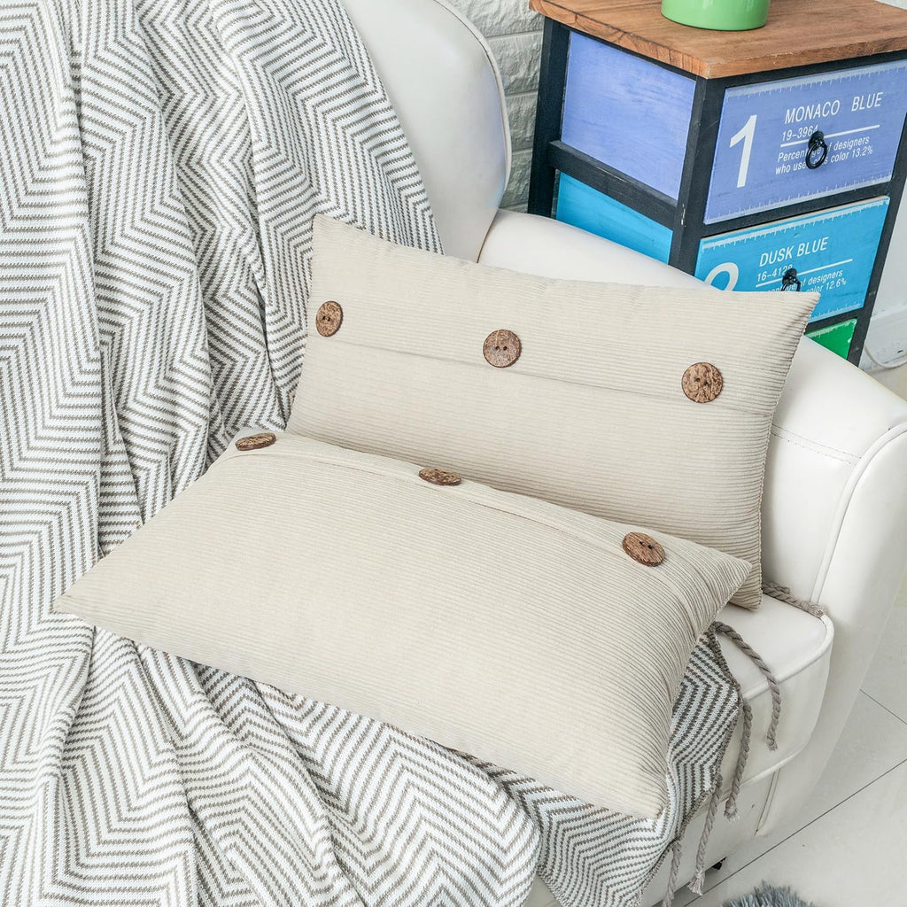 HWY 50 Cream White Chenille Throw Pillow Covers 12x20 Inch with Triple Buttons, Soft Farmhouse Accent Decorative Cushion Cases for Couch Sofa Bed Living Room Pack of 2 Rectangle