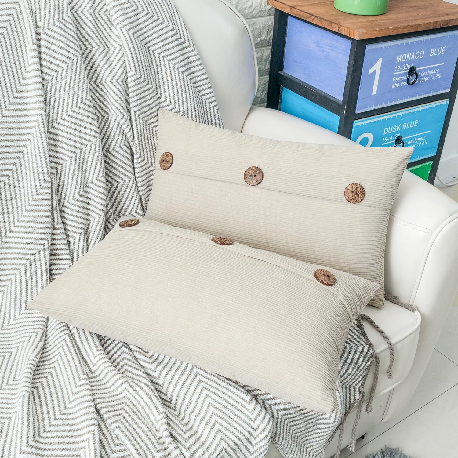 HWY 50 Cream White Chenille Throw Pillow Covers 12x20 Inch with Triple Buttons, Soft Farmhouse Accent Decorative Cushion Cases for Couch Sofa Bed Living Room Pack of 2 Rectangle