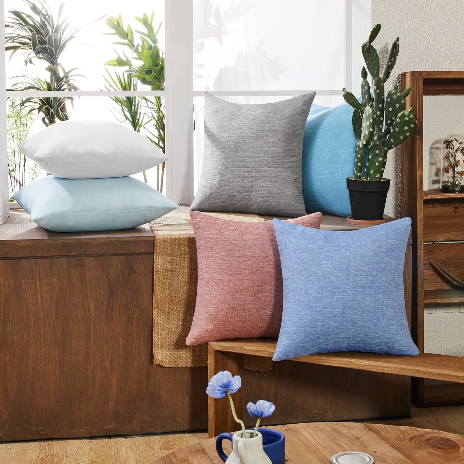 Deconovo Pillow Covers Faux Linen Pillow Shams Soft Cushion Covers Pillowcases for Patio 18x18 Inch Lake Blue Set of 4 Case Only No Insert