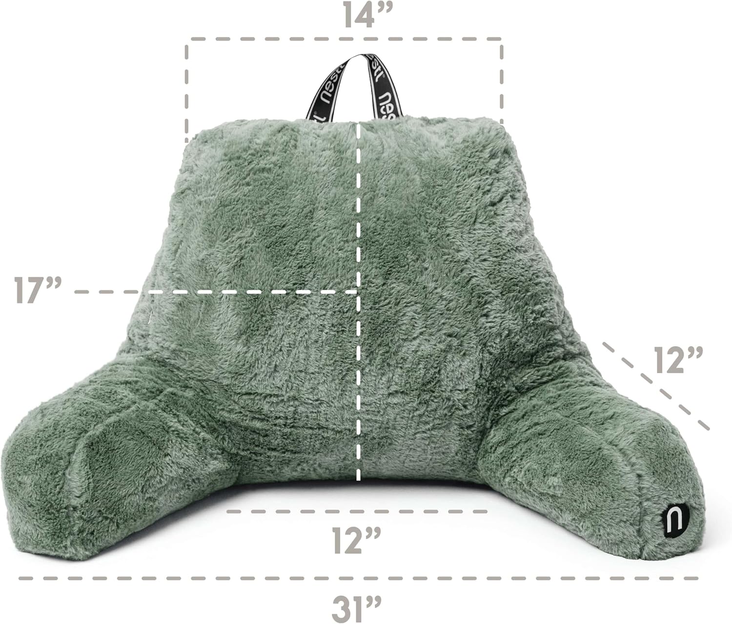 Nestl Fur Reading Pillow, Stylish Back Pillow for Bed Sitting Up, Faux Fur Bed Chair Pillow with Arms, Reading Pillows for Sitting in Bed Adult & Kids, Back Support Pillow for Bed Rest - Sage Green