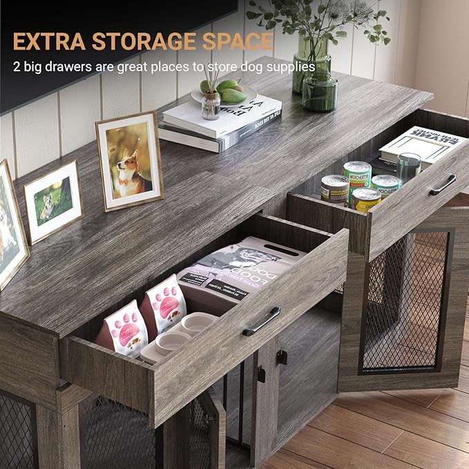 71 Inch Dog Crate Furniture for 2 Dogs，XXL Thick Wooden Double Kennel TV Stand w/Removable Divider - Heavy Duty Indoor Cage for Large Breeds (Gray, 71L* 23.6W* 33.5" H)