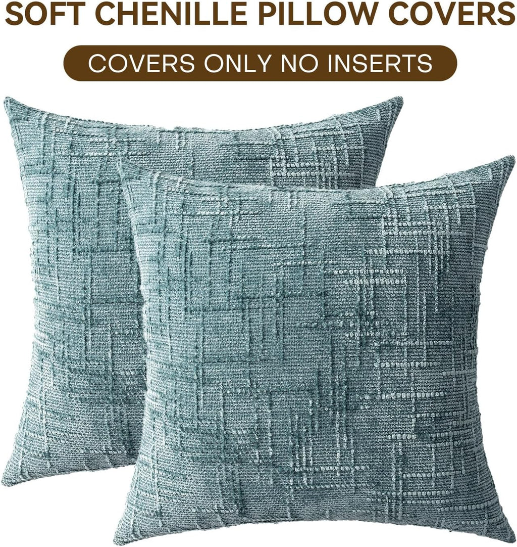 Decorative Throw Pillow Covers 18x18 Inch Set of 2, Soft Solid Farmhouse Chenille Couch Pillows, Spring Pillow Covers for Couch Sofa Bed Living Room Home Decor Pillowcase, Teal