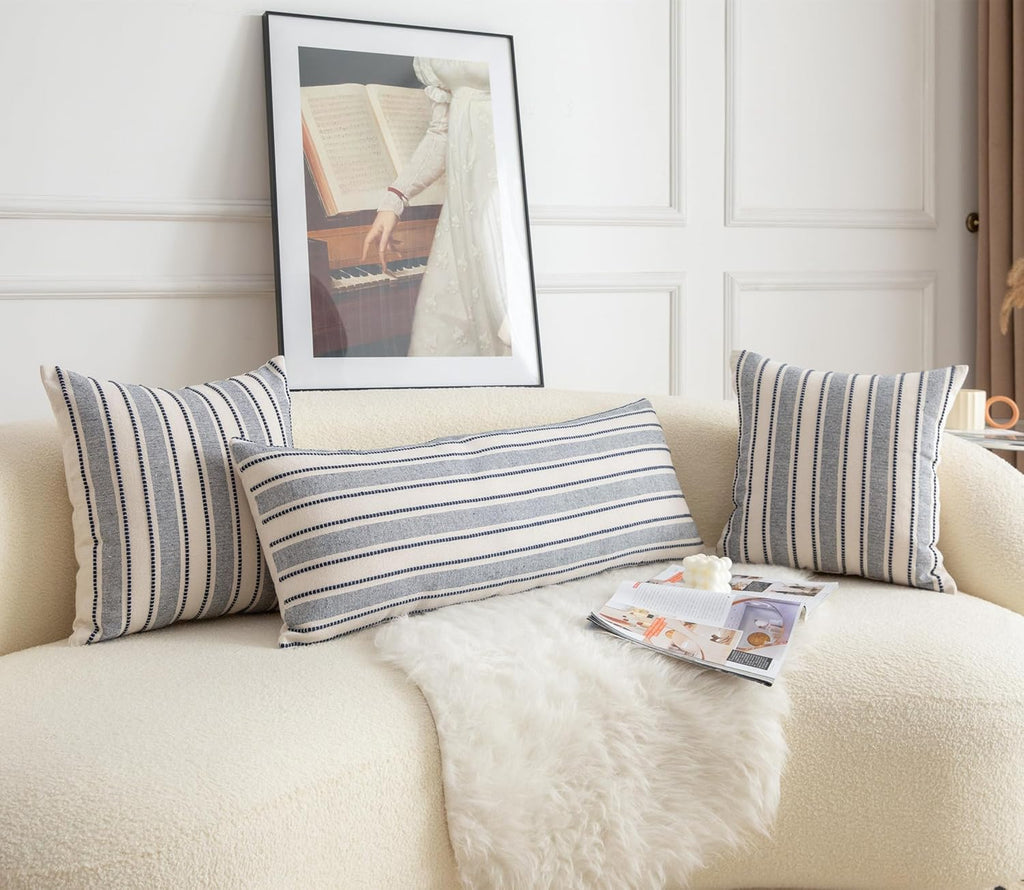 Decorative Boho Lumbar Pillow Covers, Modern Farmhouse Couch Pillowcase, 14 x 36 Long Accent Body Throw Pillow Covers, Sofa Bed Living Room Decor Cushion Case, Navy Blue and Beige, Pack of 1