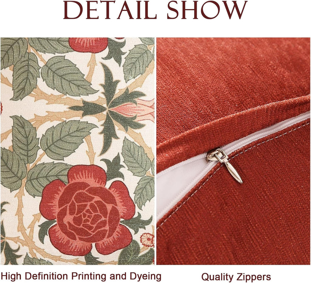 Vintage Square Throw Pillow Covers,Red Cozy Velvet with Leaves and Floral Pattern Pillowcases,Decoration Pillows Cushion Covers for Living Room Couch Sofa Bed Car Chair,18"x18"