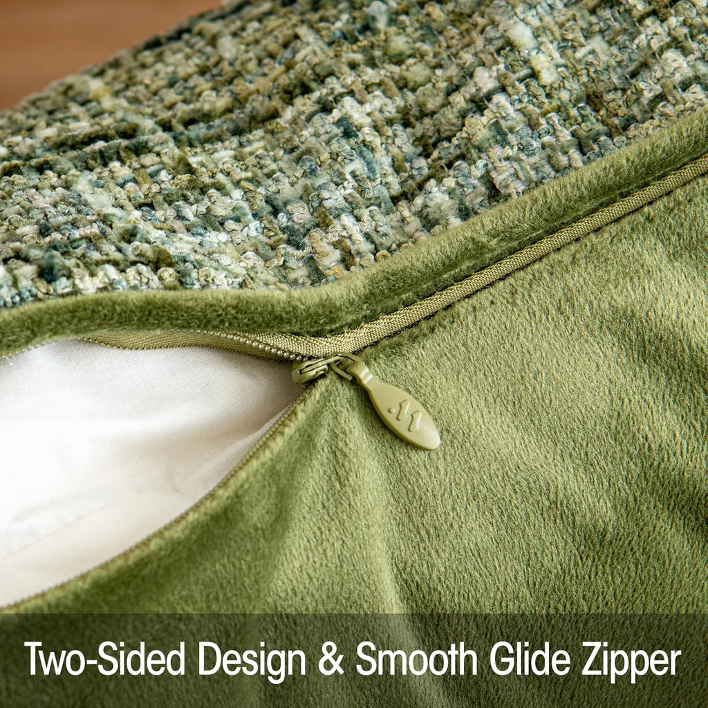 A Moment Christmas Dark Green Reversible Pillow Covers 2 Pack - Farmhouse Chenille Throw Pillows, Neutral Textured Decorative Throw Pillow Covers with Border for Couch Sofa Bed (18x18 Inch, No Insert)