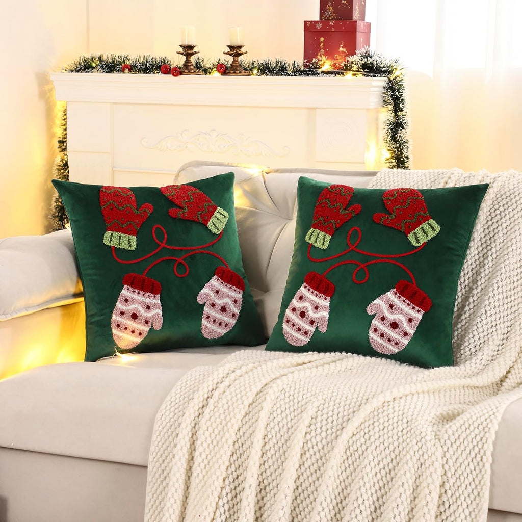 LUOYEHK Christmas Pillow Covers 18x18 Set of 2 Cute Gloves Decorative Green Pillow Cases Winter Holiday Velvet Embroidered Cushion Covers for Couch Sofa Bed