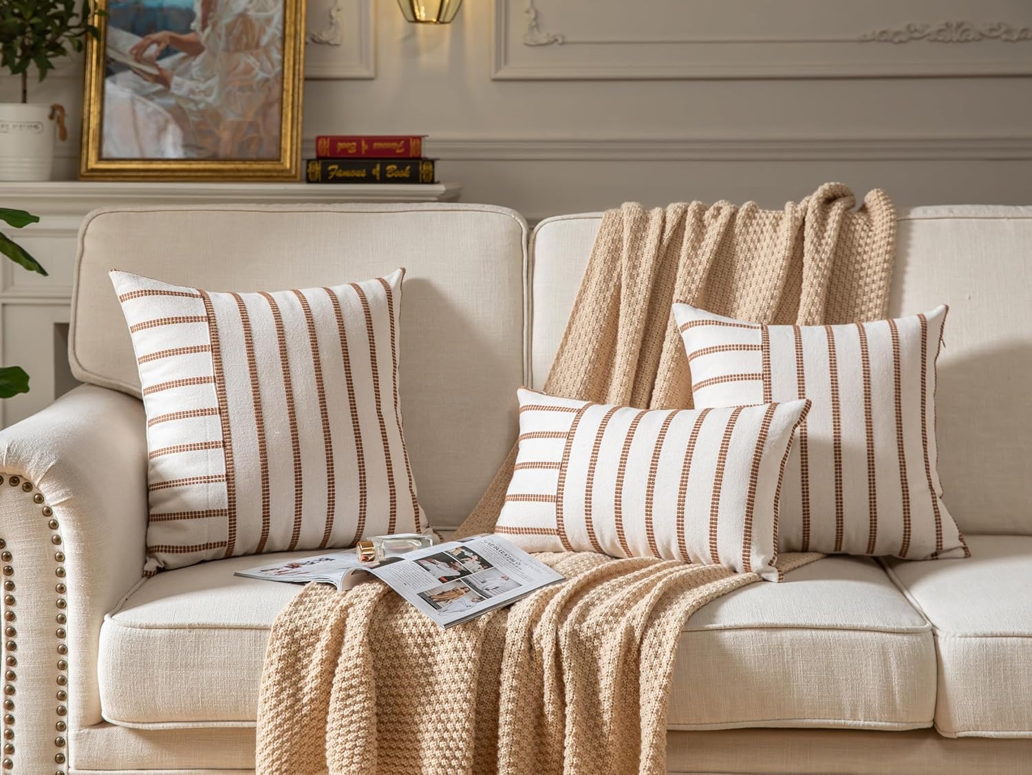 Caflife Boho Throw Pillow Covers 12x20 Set of 2 Soft Farmhouse Decorative Couch Pillow Cases Brown Striped Pillow Covers Neutral Cushion Covers for Sofa Bed Living Room Home Decor